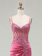 Pink Satin Spaghetti Strap Beaded Sheer Corset Prom Dress with Ruched Slit