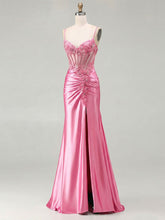 Pink Satin Spaghetti Strap Beaded Sheer Corset Prom Dress with Ruched Slit