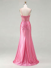 Pink Satin Spaghetti Strap Beaded Sheer Corset Prom Dress with Ruched Slit