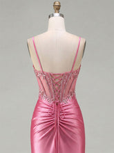 Pink Satin Spaghetti Strap Beaded Sheer Corset Prom Dress with Ruched Slit