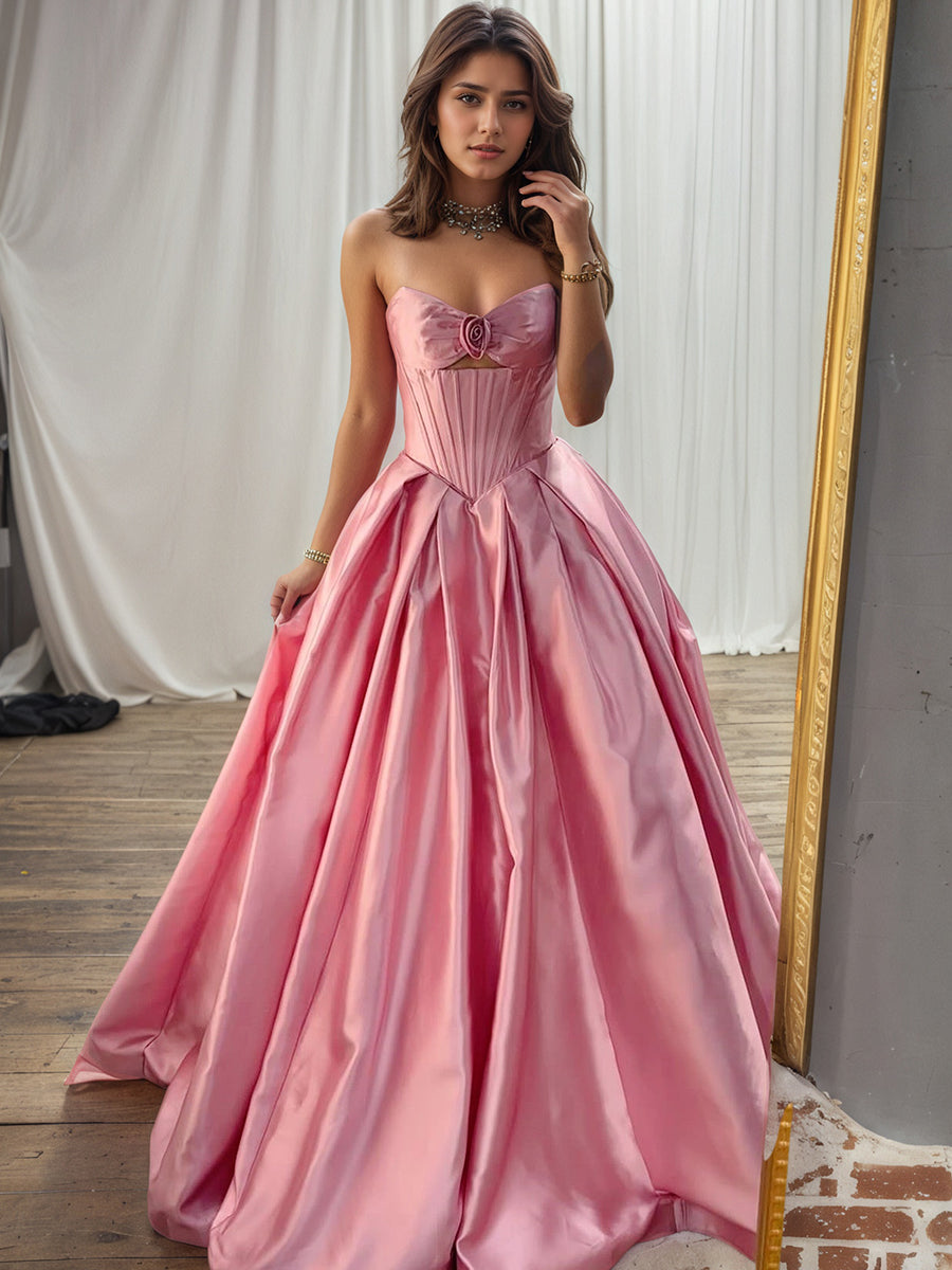 Pink Satin Strapless Long Corset Prom Dress with Rosette