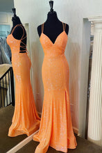 Glitter Spaghetti Straps Mermaid Sequins Prom Dresse With Slit GJS741