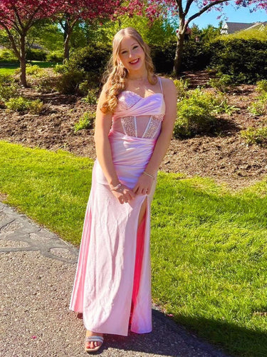 Pink Shimmer Sheer Crystal Embellished Corset Prom Dress with Slit