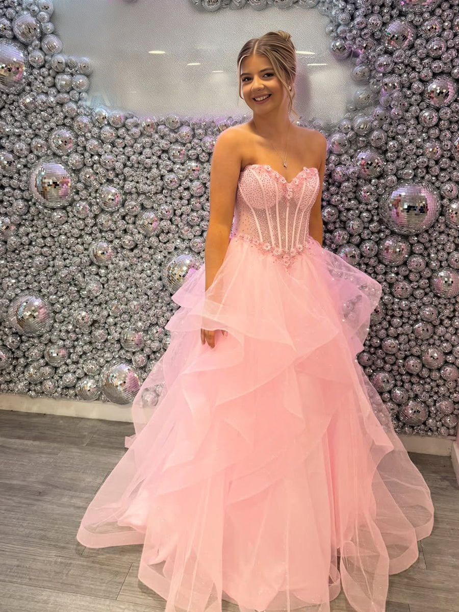 Pink Sparkly Tulle Corset Bodice Prom Dress with Ruffled Skirt
