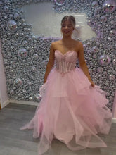 Pink Sparkly Tulle Corset Bodice Prom Dress with Ruffled Skirt