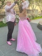 Pink Star Tulle Strapless Puff Sleeves Corset Prom Dress