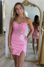 Pink Strapless Applique Bodycon Homecoming Dress wiith Sleeves PD542