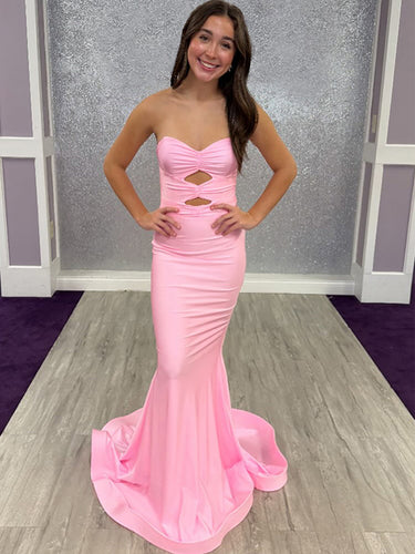 Pink Strapless Mermaid Prom Dress with Double Keyhole Front Cutouts
