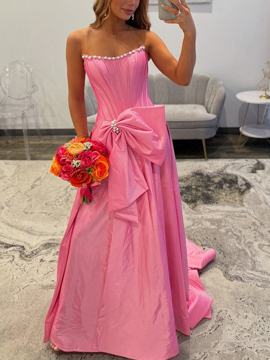Pink Strapless Pearl Neckline Corset Long Prom Dress with Bow