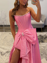 Pink Strapless Pearl Neckline Corset Long Prom Dress with Bow