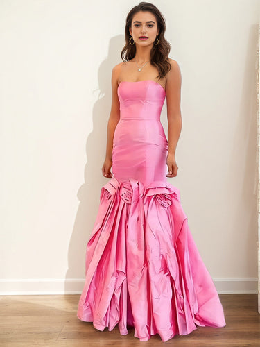 Pink Strapless Satin 3D Rosette Mermaid Long Prom Dress