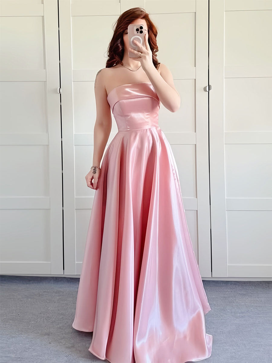 Pink Strapless Satin A-Line Prom Dress with Fold-Over Neckline