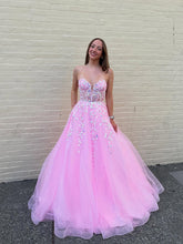 Pink Strapless Sequin Corset Long Prom Dress with Appliques