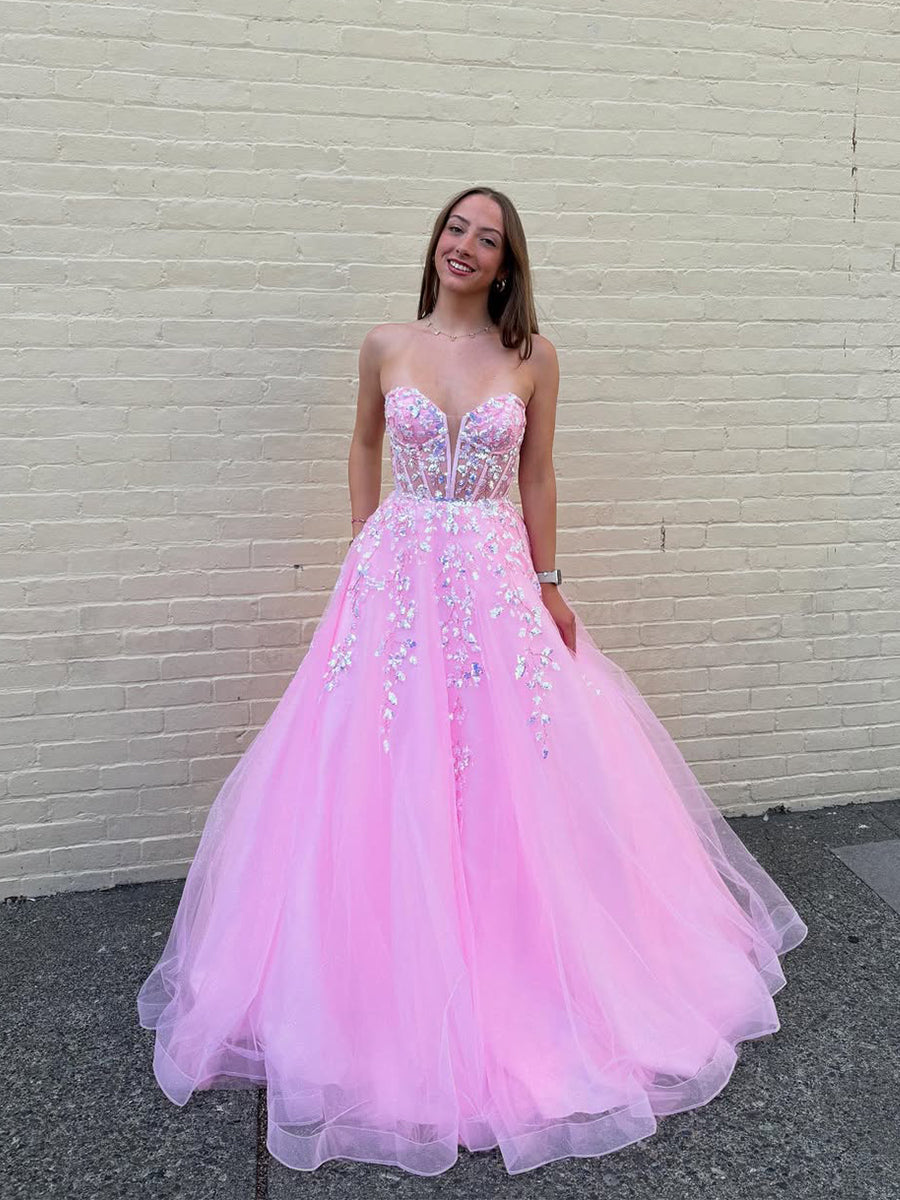 Pink Strapless Sequin Corset Long Prom Dress with Appliques
