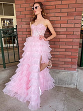 Pink Strapless Tiered Ruffles Lace Appliqués Corset Prom Dress with Slit