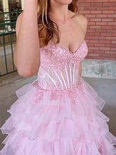 Pink Strapless Tiered Ruffles Lace Appliqués Corset Prom Dress with Slit
