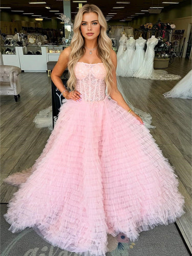 Pink Strapless Voluminous Ruffled Tulle Corset Prom Dress