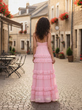 Pink Tiered V-Neck Chiffon Bridesmaid Dress with Ruffle