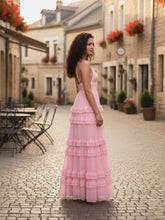 Pink Tiered V-Neck Chiffon Bridesmaid Dress with Ruffle