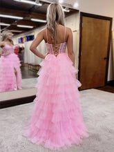 Pink Tulle Tiered Corset Long Prom Dress with Slit