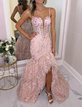 Pink Floral Embroidered Corset Prom Dress with Ruffled Tiers
