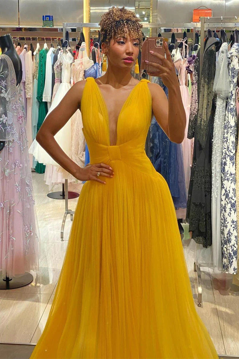 Plunging Neck Yellow Tulle Prom Dress SYP154