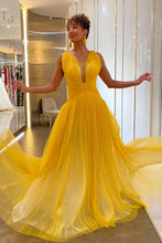 Plunging Neck Yellow Tulle Prom Dress SYP154