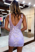 Plunging V-Neck Lavender Straps Appliques Illusion Homecoming Dress PD470