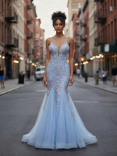 Plunging V-Neck Tulle Mermaid Prom Dress with Floral Embroidery