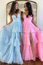 Amanda| A-Line Spaghetti Straps Long Tiered Tulle Prom Dress With Split