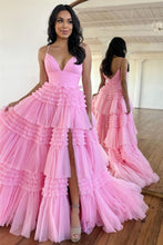Amanda| A-Line Spaghetti Straps Long Tiered Tulle Prom Dress With Split