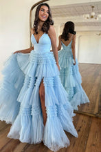 Amanda| A-Line Spaghetti Straps Long Tiered Tulle Prom Dress With Split