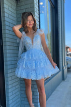 Princess Appliques Ruffle A-Line Short Blue Homecoming Dress PD524