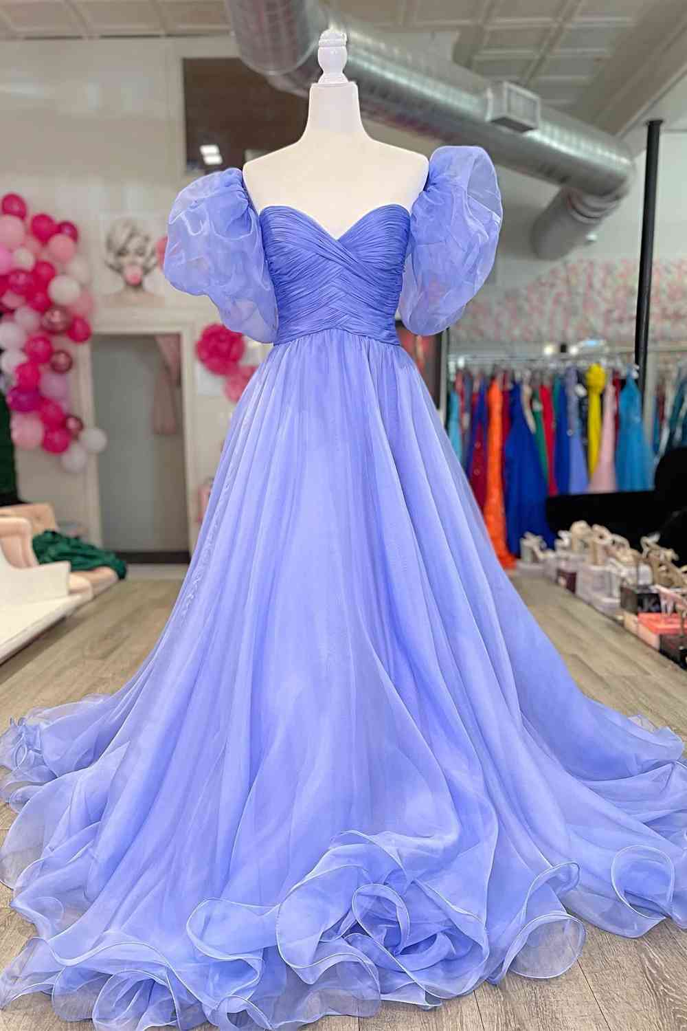 Lavender Puff Sleeves Prom Dress Pleated SYP152