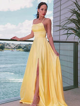 Satin Prom Dress | yellow prom dress | slit in prom dress SYP127