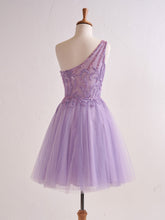 One Shoulder A-line Lilac Short Homecoming Dress with Appliques