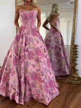 A Line Prom Dresses 3D Floral Strapless Evening Party Dresses with Bead