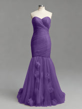 Dusty Rose Mermaid Strapless Ruched Tulle Prom Dress with 3D Floral