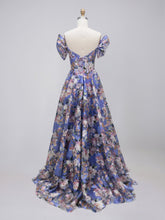 Purple Floral Print Off-the-Shoulder A-Line Prom Dress with Corset Bodice