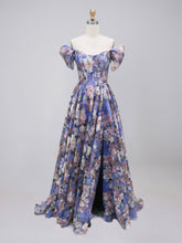 Purple Floral Print Off-the-Shoulder A-Line Prom Dress with Corset Bodice