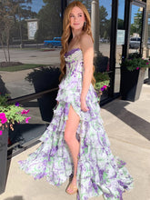 A Line Sweetheart Floral Chiffon Tiered Prom Dress with Slit