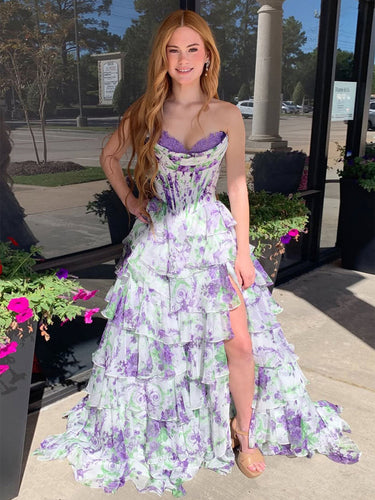 Purple Floral Print Strapless Tiered Ruffles Corset Prom Dress with Slit