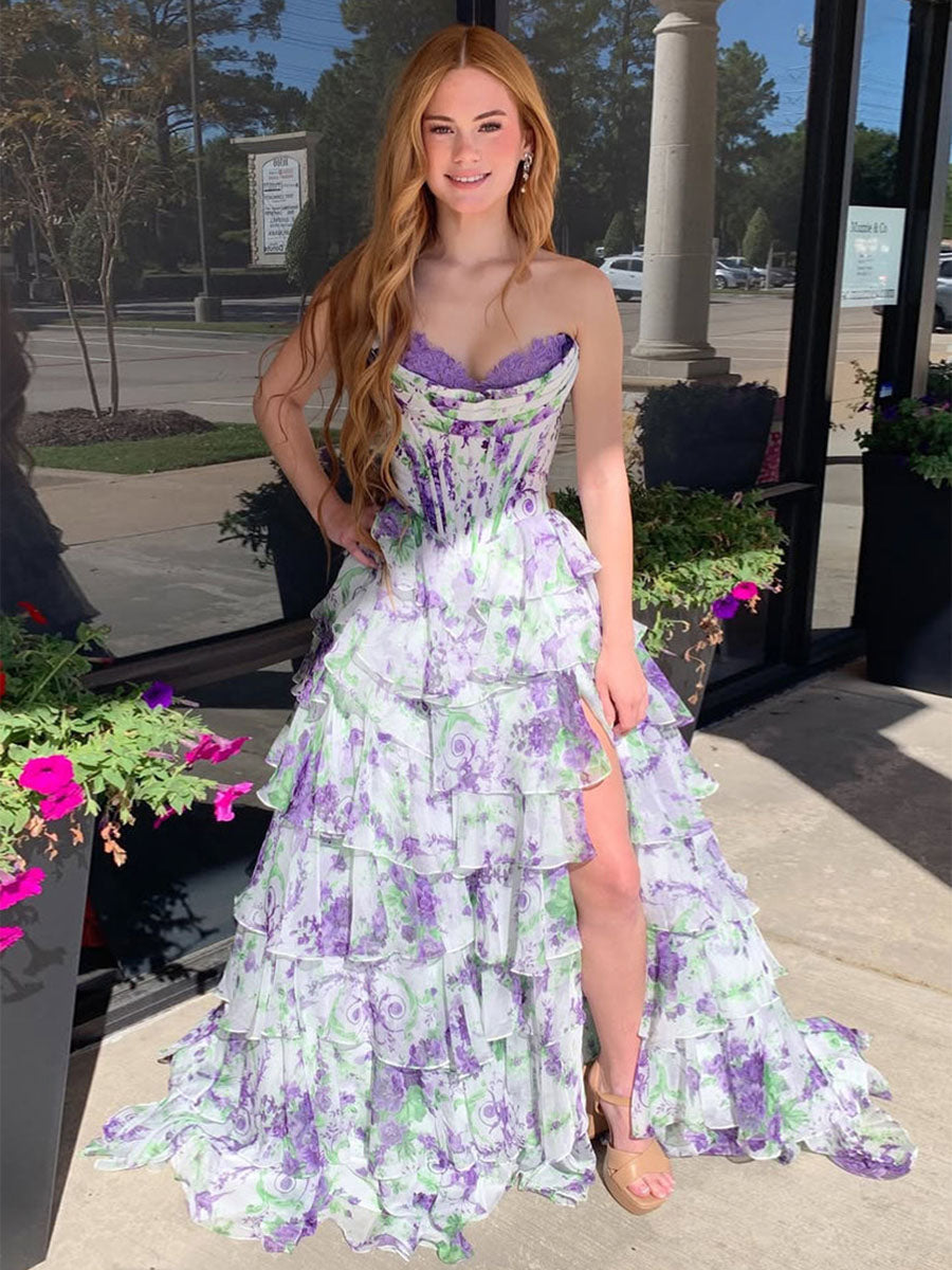 Purple Floral Print Strapless Tiered Ruffles Corset Prom Dress with Slit