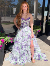 Purple Floral Print Strapless Tiered Ruffles Corset Prom Dress with Slit