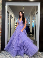 Purple Glitter Beaded Corset Tiered Ruffles Tulle Halter Prom Dress