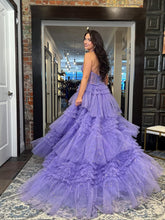 Purple Glitter Beaded Corset Tiered Ruffles Tulle Halter Prom Dress
