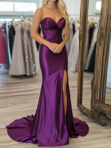 Purple Strapless Crisscross Ruched Bodice Satin Prom Dress with Slit