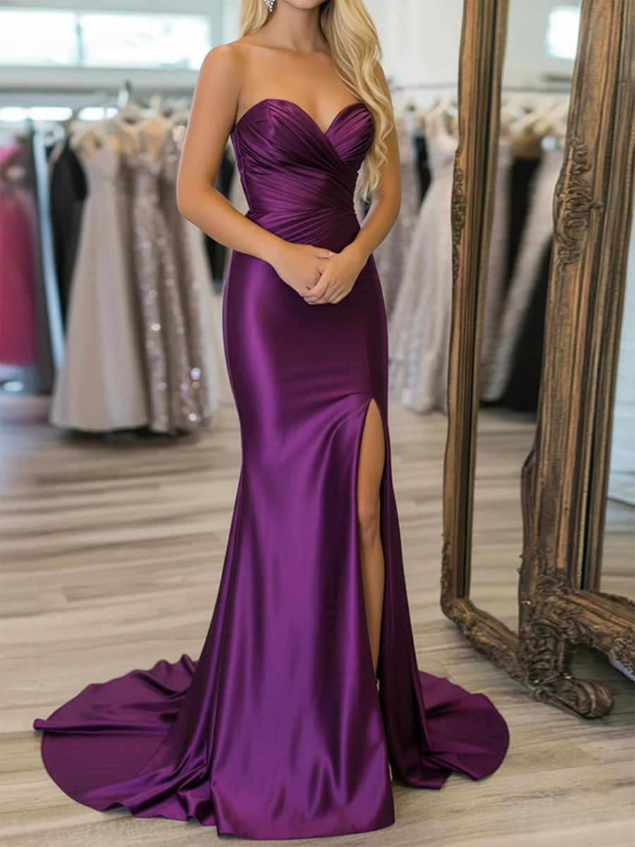 Purple Strapless Crisscross Ruched Bodice Satin Prom Dress with Slit