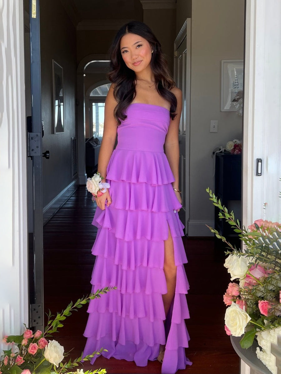 Purple Strapless Cascading Tiered Ruffle Prom Dress