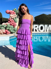 Purple Strapless Cascading Tiered Ruffle Prom Dress